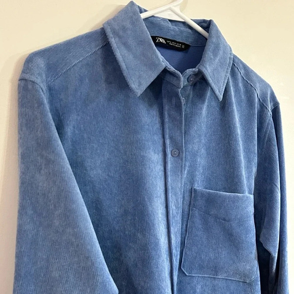 NWOT ZARA Fine-Waled Corduroy Shirt Button Up Oversized Blue Shacket size S - Picture 4 of 11